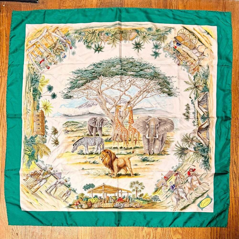 Vintage Gucci African Safari Silk Scarf with Green Border
